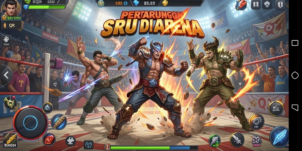 Screenshot utama <strong>8QR</strong> menunjukkan karakter bertarung di arena yang dinamis.