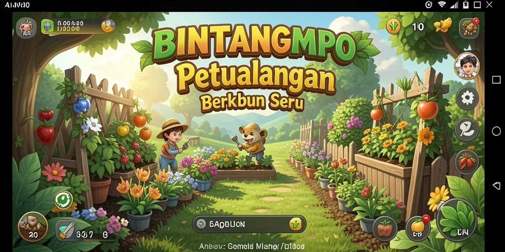 Screenshot gameplay BINTANGMPO yang menampilkan kebun indah dan tanaman subur.