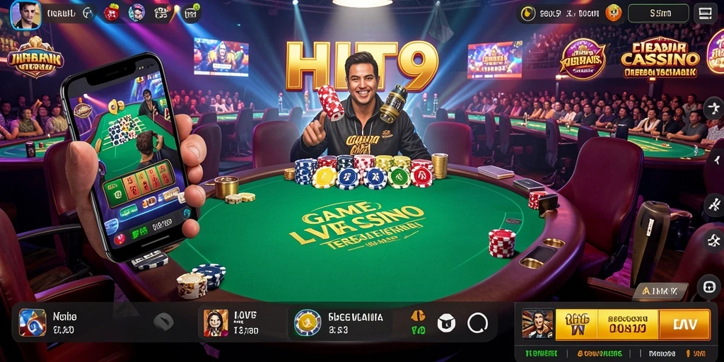 Screenshot gameplay HIT9 menampilkan dealer langsung dan suasana kasino yang nyata.
