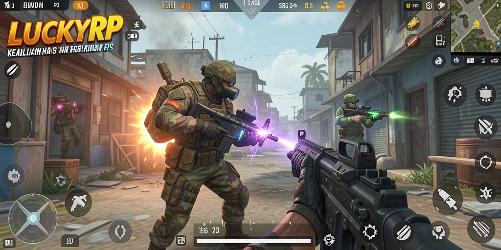 Screenshot gameplay LUCKYRP yang menunjukkan pertempuran intens FPS.