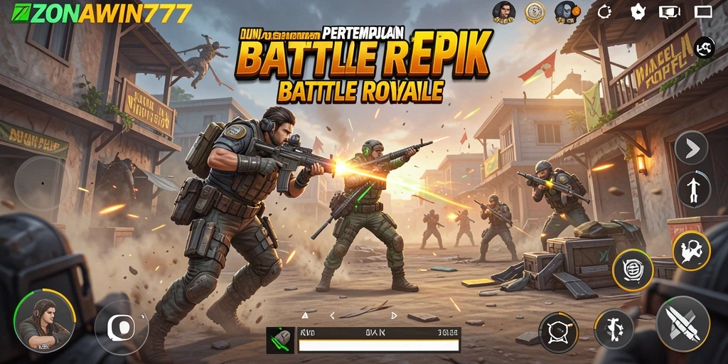 Tampilan aksi menegangkan dalam gameplay ZONAWIN777 Battle Royale.